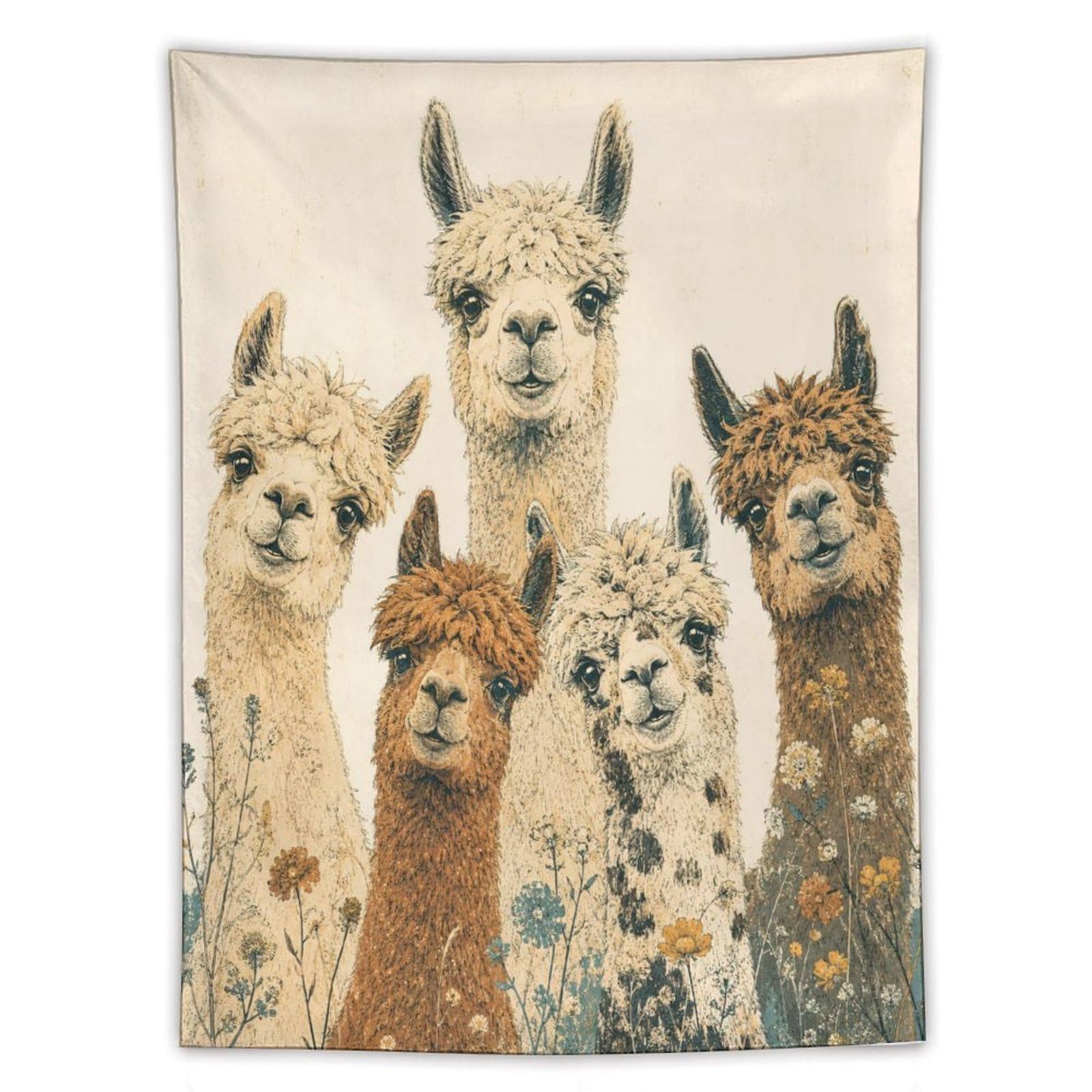 W7C8U2X3 Alpaca Family Portrait Wall Tapestry, Watercolor, Dorm Room