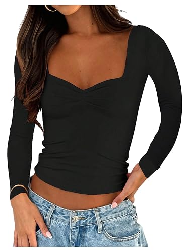 SOLY HUX Women's Long Sleeve Sweetheart Neck T Shirts Slim Fitted Tees Going Out Crop Tops