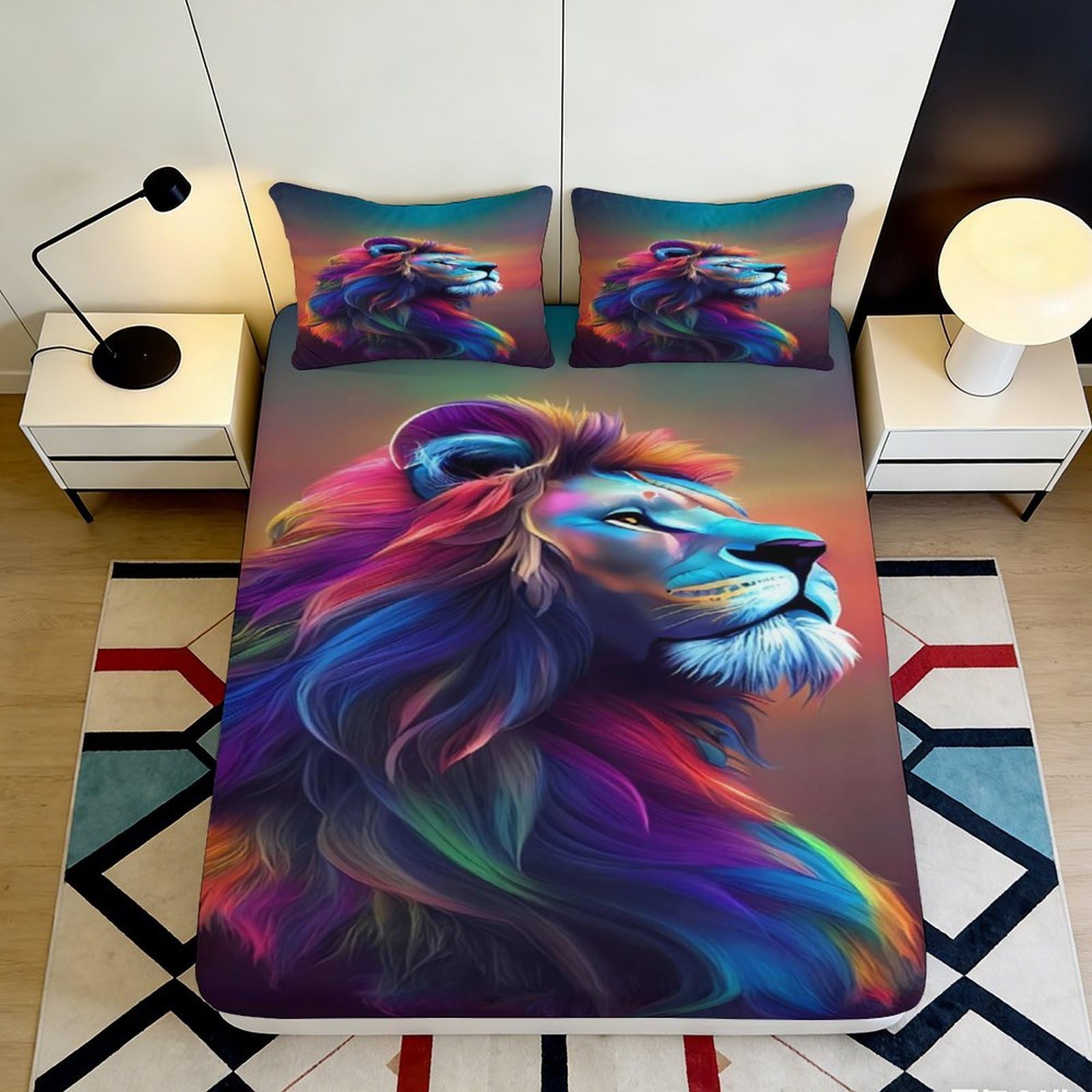 3D Printed Colorful Lion Fitted Sheet Microfiber Soft Anti-Slip Mattress Cover Rainbow Mane Bed Decor for Bedroom Guest Room 90x200x25cm