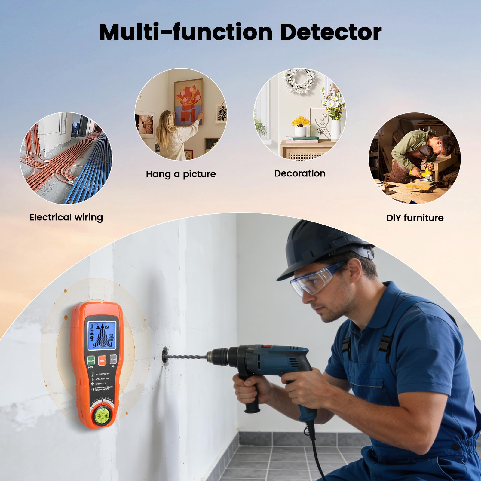 Leitungssuchgerät Ortungsgerät, Multifunktionaler Stud Finder mit LCD-Display und Audio-Alarm, Leitungssucher mit Automatische Kalibrierung, Kabel und Metallsucher für Holz, AC-Leitungen,Rohre
