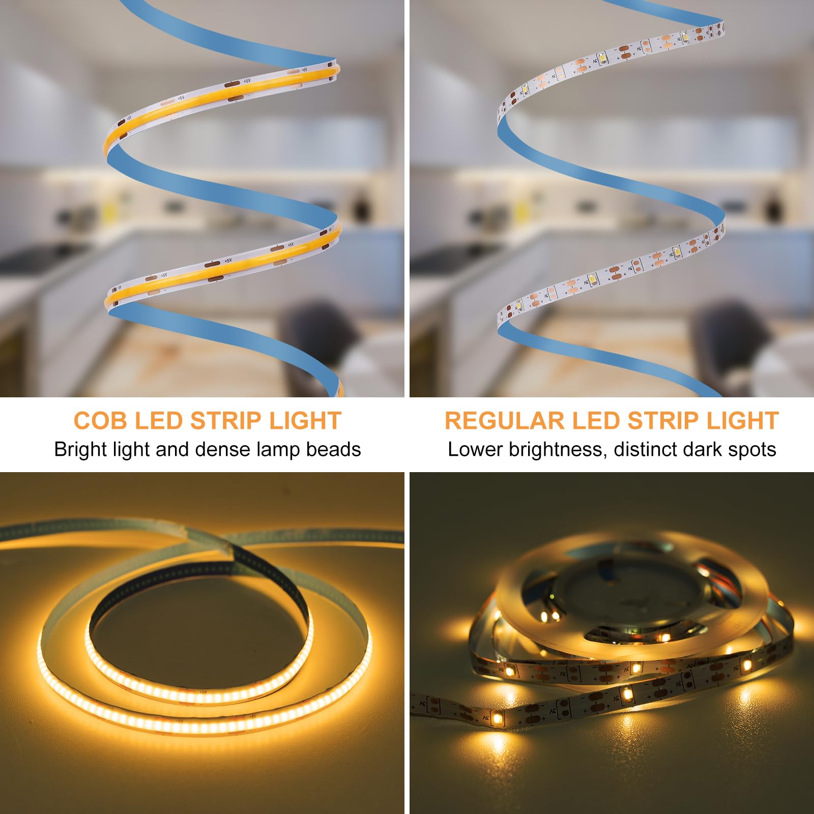 OMIKA Striscia LED COB, senza fili, 2700 K, bianco caldo, alimentate a batteria, 640 LED, 6,56 m, con telecomando, timer dimmerabile, flessibile, tagliabile, luci a nastro per armadietti, mensole e