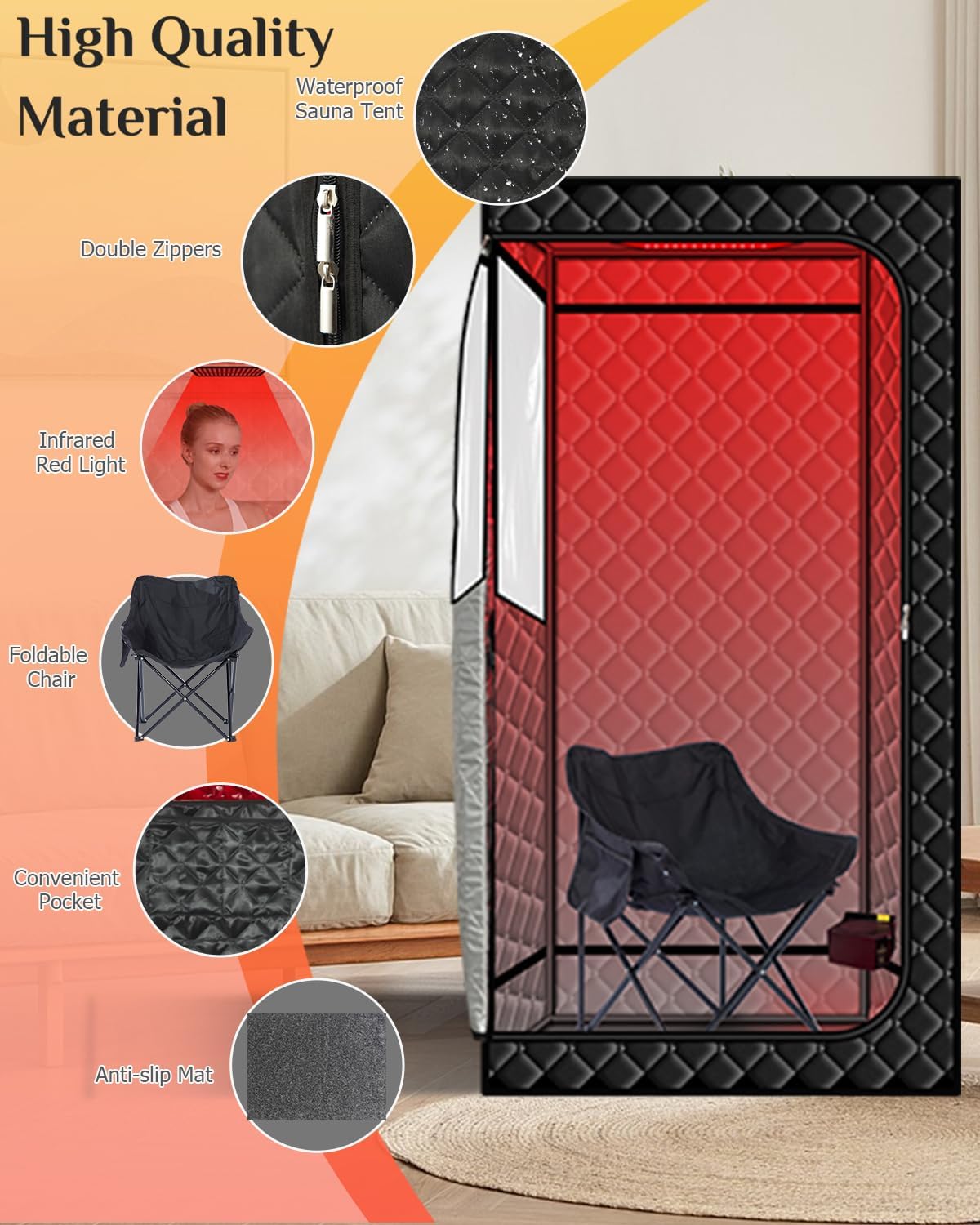 Smartmak Portable Sauna with Infrared 660nm Red Light Therapy Lamp for Home Relaxation, Personal Large Full Body Sauna Spa Tent, 1500W Fast Heating Hot Air Saunas, Folding Chair Indoor Use, 130–150°F