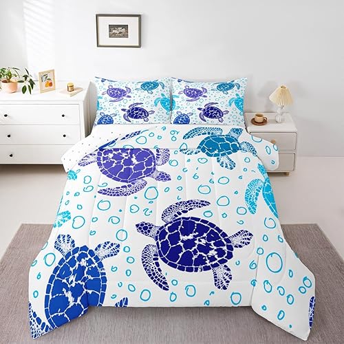 Erosebridal Juego de edredón de plumas de tortuga marina tamaño matrimonial, juego de edredón bohemio de tortuga para niños, vida oceánica, azul