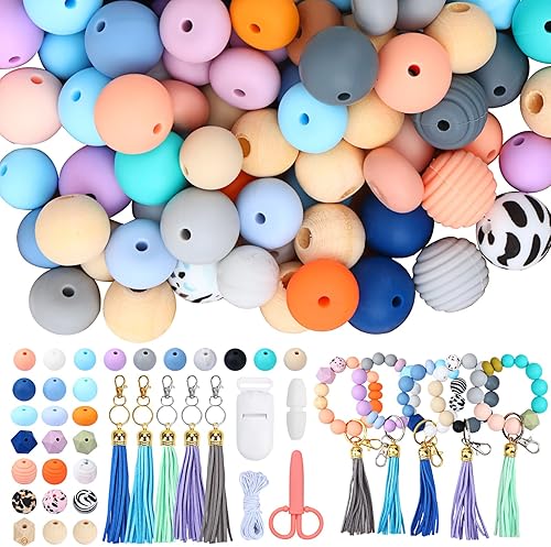 QUEFE Kit de 278 cuentas de silicona a granel para hacer llaveros, cuentas de goma de 0.59 pulgadas de baja saturación, varios estilos y colores,