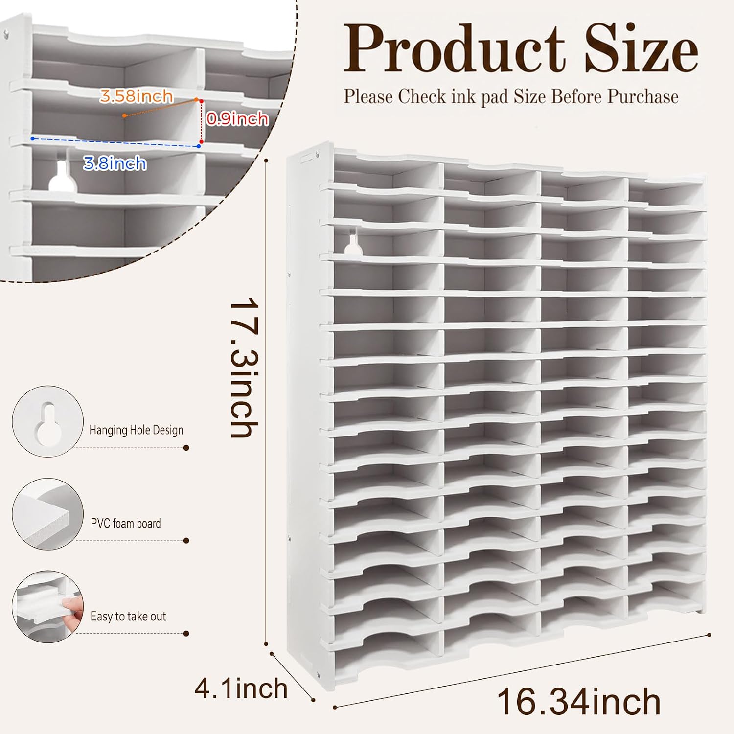 60 Slot Ink Pad Storage Organizer, Wall Mounted or Desktop Craft Storage Rack, Waterproof PVC Foam Board Stamp Pad Holder for Card Making, Scrapbooking, Paper Crafts, White