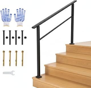 IDEALHOUSE 4 Step Outdoor Stair Handrail Kit, Black Aluminum & Iron Construction for Porch Steps, Easy Tool-Assembly Safety Railing, All Hardware & Gloves Included (1 Pack)