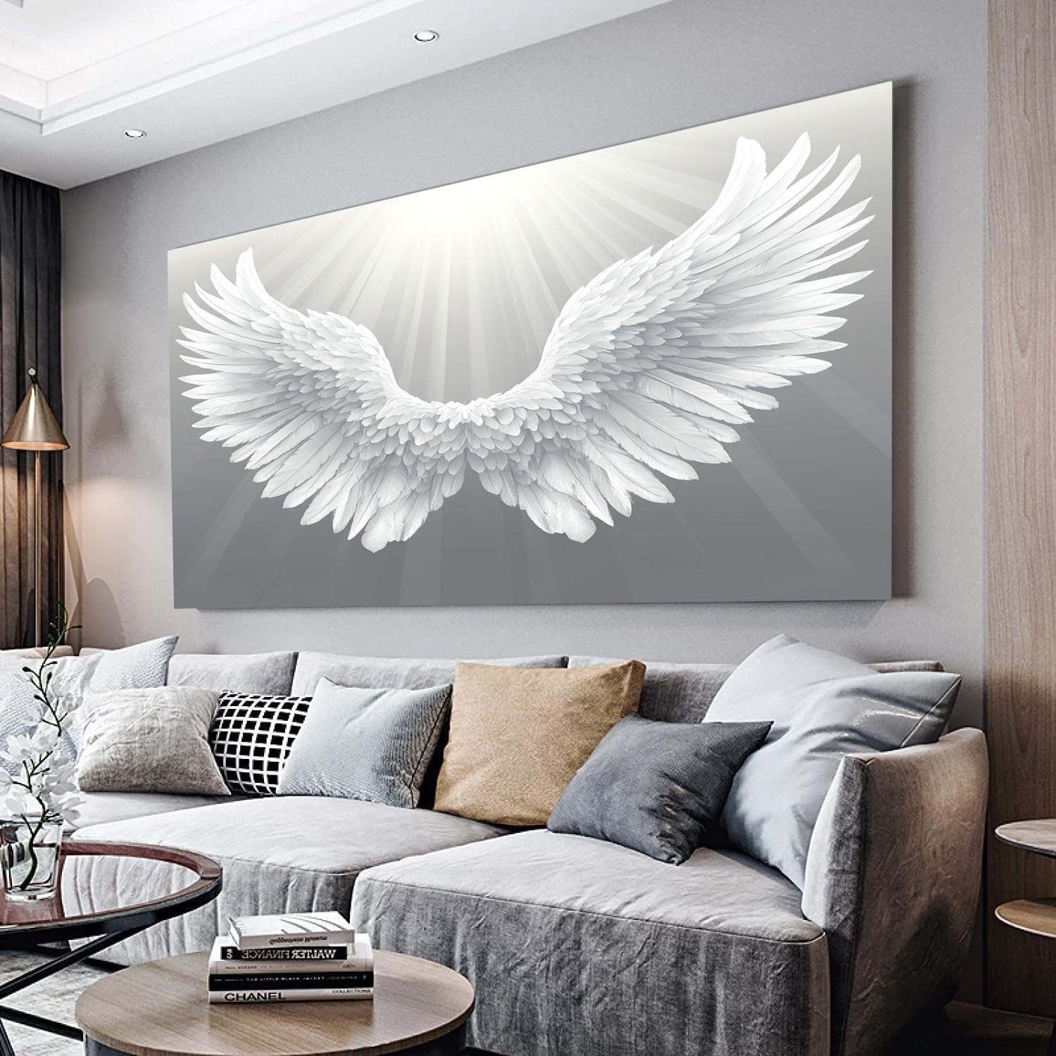 MKBKLI Large Abstract Painting Art White Wings Poster Canvas Painting For Living Room Wall Art Pictures Home Decorative 70x140cm, Frameless