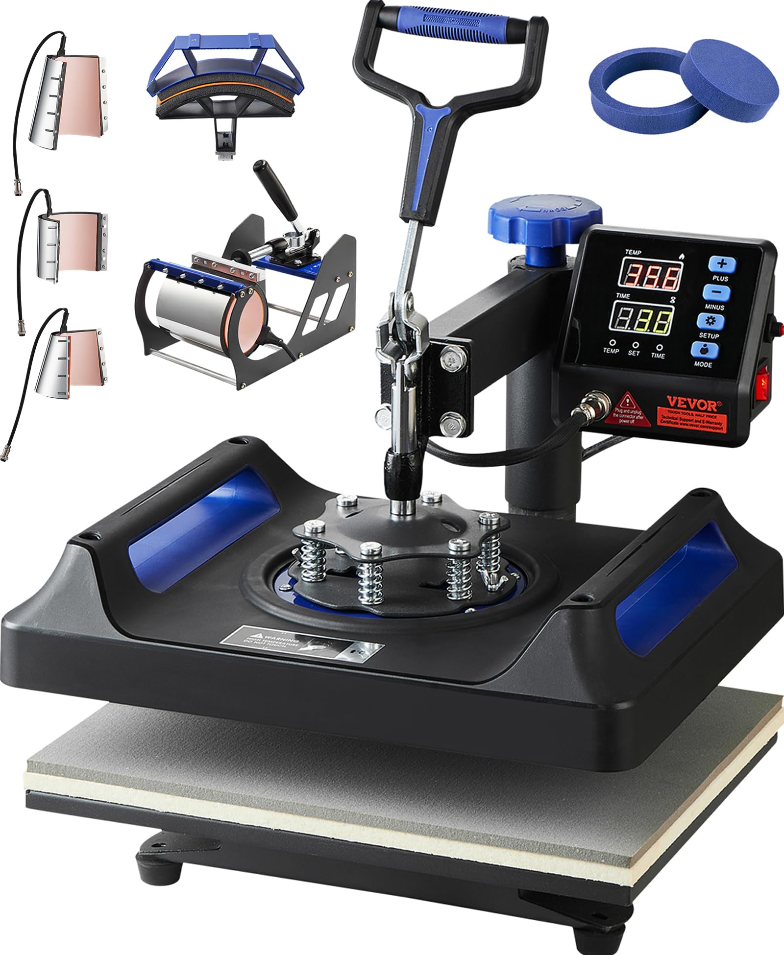 VEVOR Heat Press Machine 12 x 15 Inch 8 in 1 Heat Press Sublimation Machine 360° Rotation Swing Away 8 in 1 Shirt Printing Machine Dual-Tube Heating for DIY T-Shirts Cap &amp; Mugs Blue