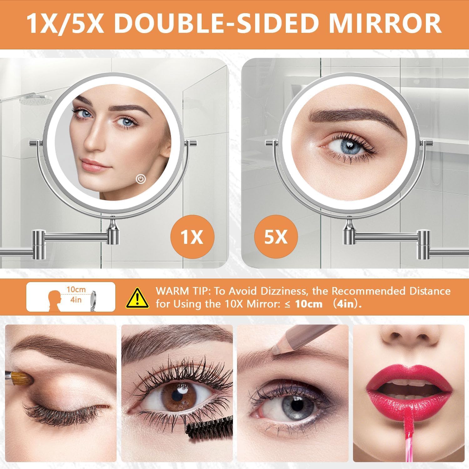 Auxmir Specchio ingranditore luminoso da parete specchio trucco con braccio estensibile, ingrandimento x5/x1, 3 modalità di illuminazione, girevole a 360°, alimentato da 4 batterie AAA (incluse)