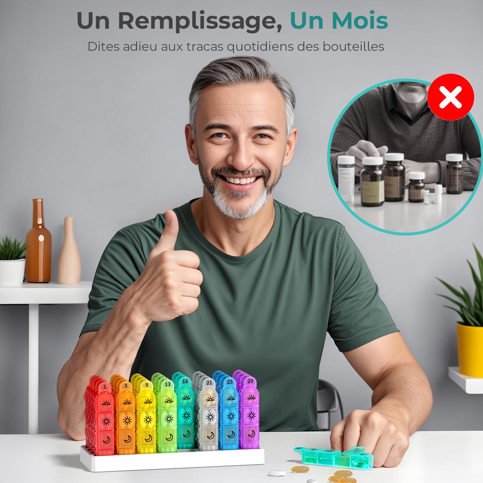 Colorwing Pilulier Mensuel 32 Jours - Pilules 4 Fois | Modèle avec motif, facile à saisir, facile à ouvrir et amovible individuellement