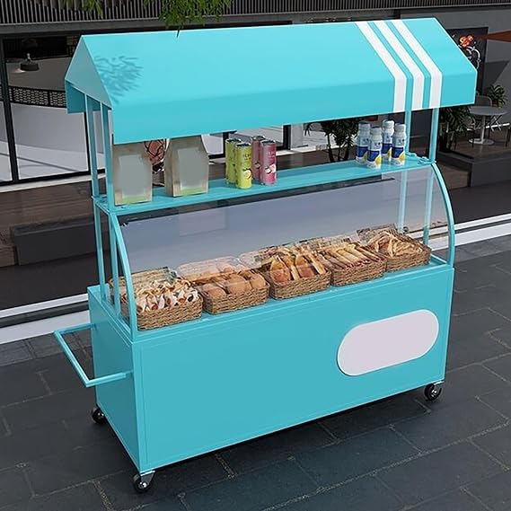 Mobile Food Cart Vendor with Wheels Heavy Duty, Creative Iron Market Stall with Sunshade Canopy and Storage Box for Selling Snacks/Sweets/Toys(Blue)
