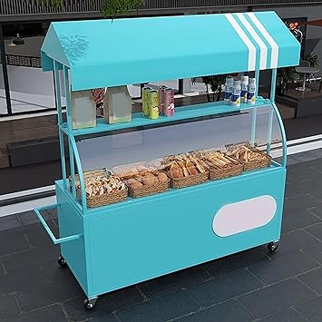 Mobile Food Cart Vendor with Wheels Heavy Duty, Creative Iron Market Stall with Sunshade Canopy and Storage Box for Selling Snacks/Sweets/ToysBlue