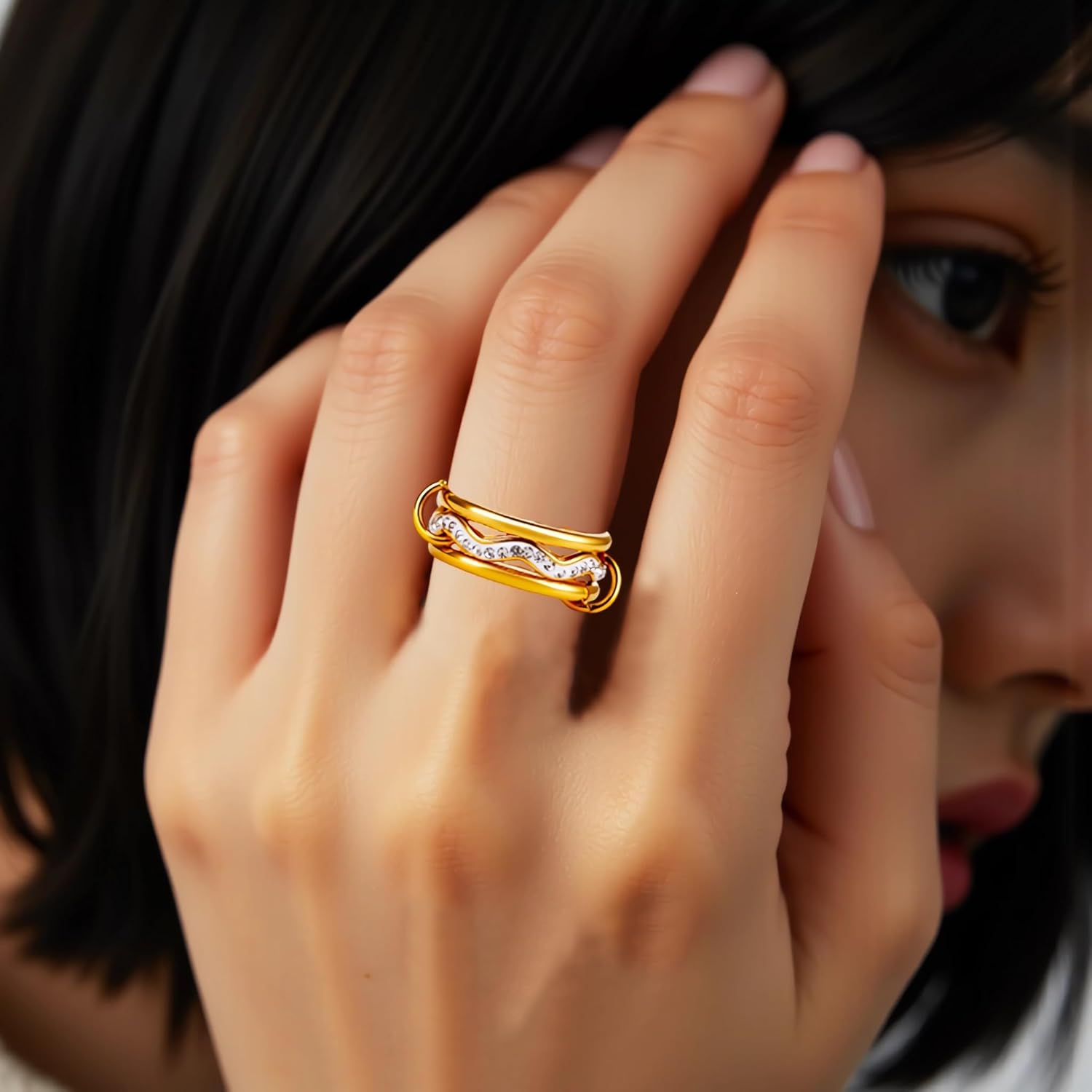 Stackable Rings for Women Non Tarnish, Two Tone Rings, Interlocking Ring, Stacking Ring Cubic Zirconia, Silver and Gold Rings Set, Multi-Link Connected Ring, Stack Rings Jewelry Gift - Image 5