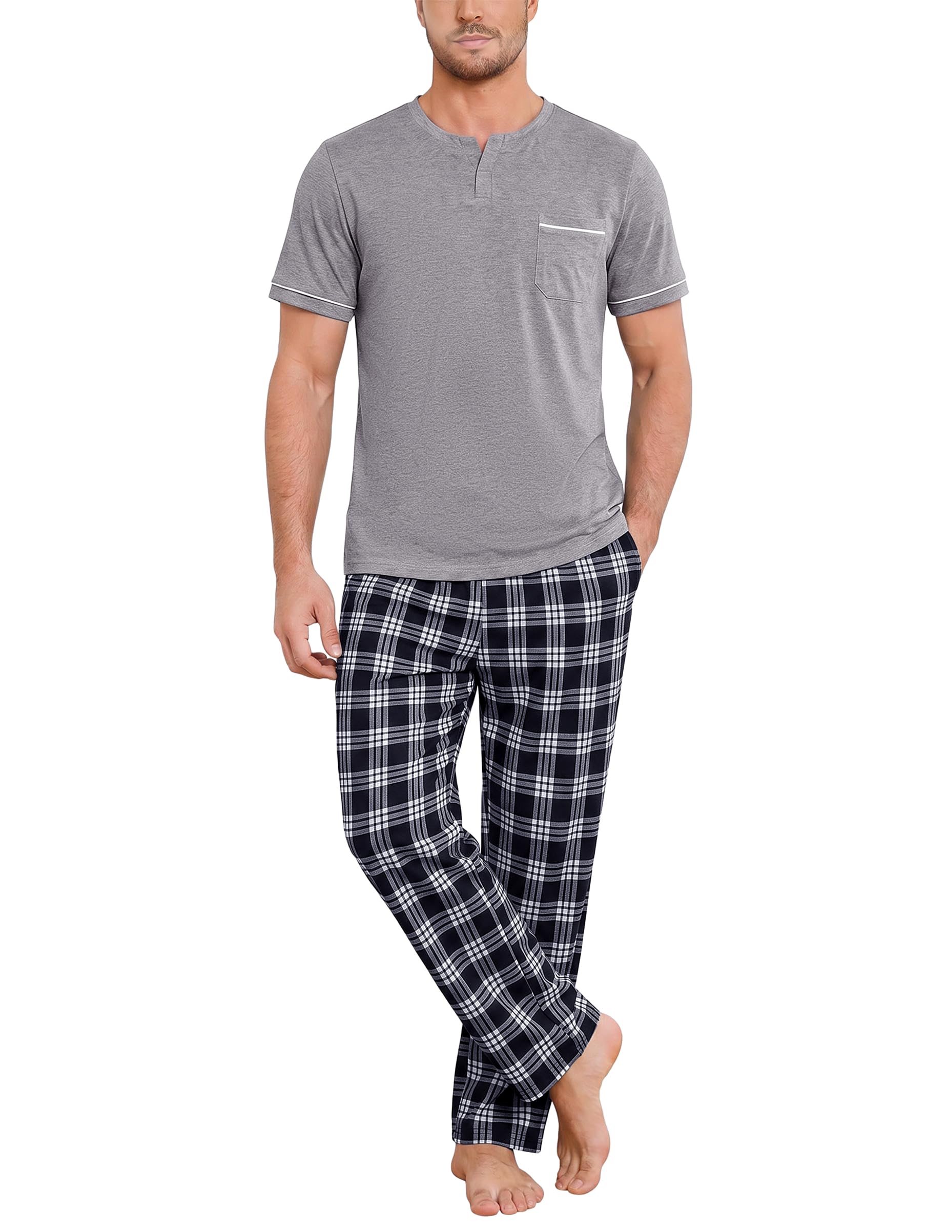 Bresdk Schlafanzug Herren Lang Pyjama Set Baumwolle Warm Zweiteilige Kariert Nachtwäsche mit Kurzarm Oberteil und Lange Pyjamahose