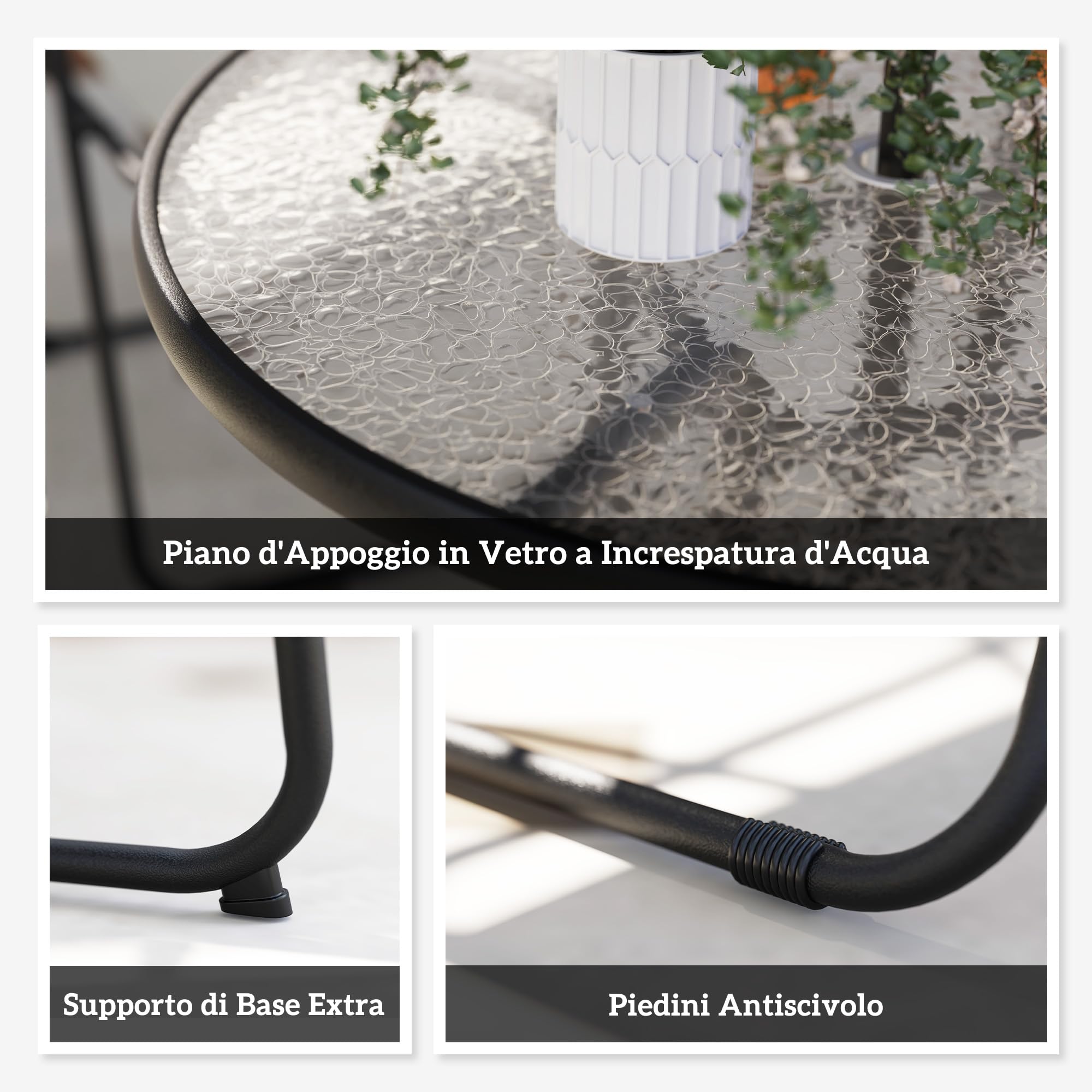 Outsunny Set Tavolo e Sedie da Giardino 6 Pezzi Acciaio Ombrellone, Mobili 4 Sedie Pieghevoli Textilene Tavolo Rotondo Vetro, Esterno Patio Terrazzo Crema