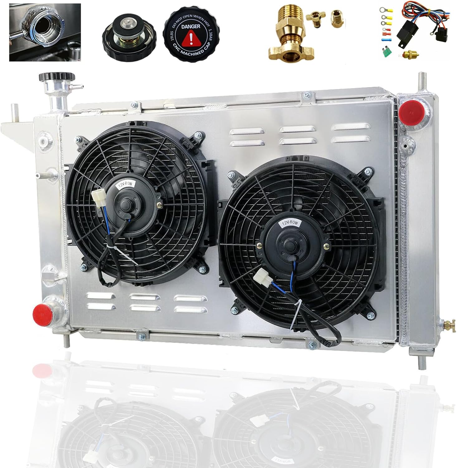 Aluminum Radiator for 1994 1995 1996 Mustang 3.8L V6 5.0L V8 Gas Base GTS GT SVT 3 Row Core Crossflow Radiators Shroud 2 X 10" Fans Relay Kit