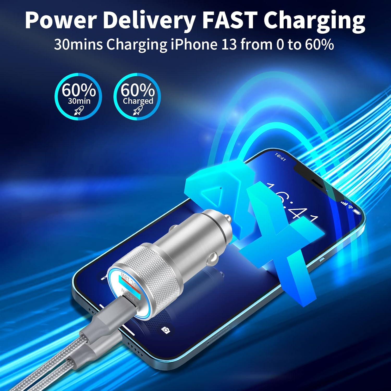 [Apple MFi Certified] iPhone Fast Car Charger, Veetone 48W Dual Port USB C Power Delivery All Metal Car Adapter with 2 Pack Lightning Cable, PD/QC 3.0 Type C Rapid Car Charging for iPhone/iPad/Airpods