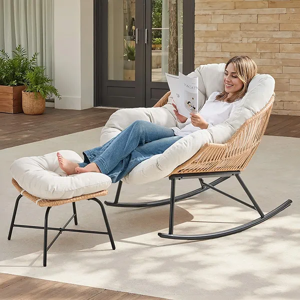 ONBRILL Papasan Rocking Chair with Ottoman,Oversized Papasan Chair with Padded Cushion, Indoor & Outdoor Rocker Chair for Living Room, Patio, Garden, Cream White
