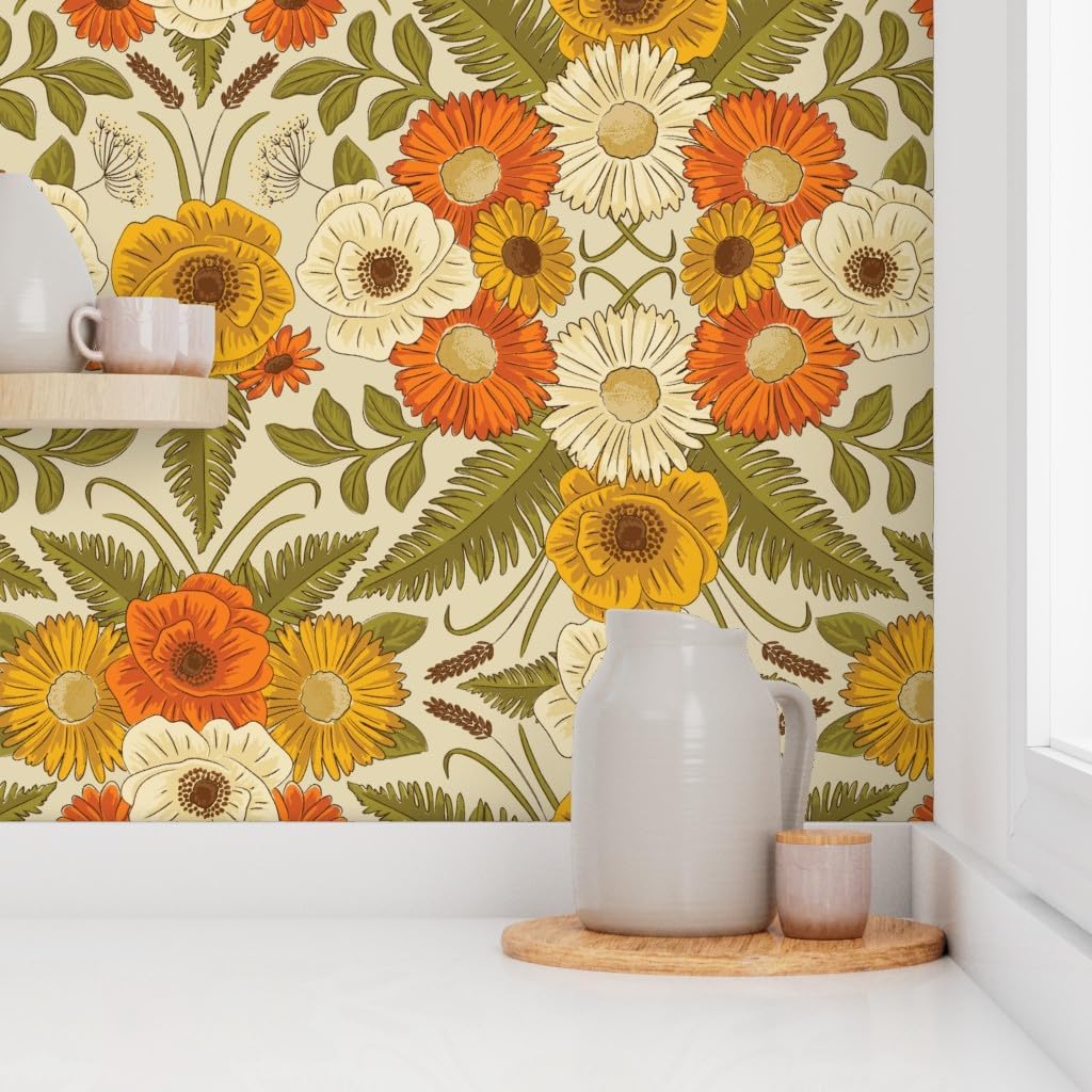Spoonflower Removable Wallpaper 3ft x 2ft - Retro Floral Vintage Flowers Fashion Custom Pre-Pasted Wallpaper