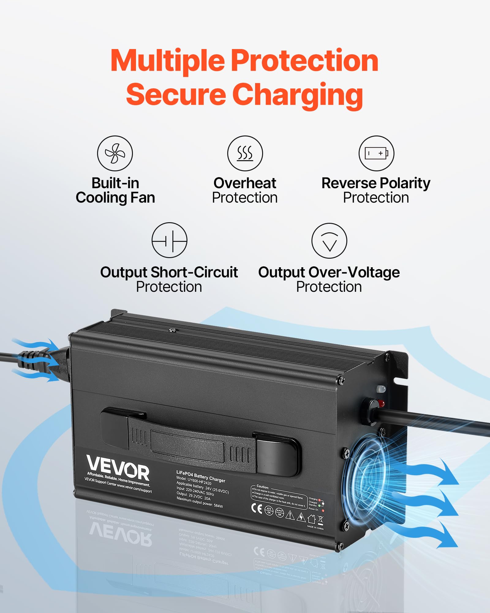 VEVOR Caricabatterie per Batterie al Litio 24V 20A, 29,2V, AC-DC LiFePO4 con Connettore Anderson, Indicatore LED, Attivazione 0 per Batterie Ricaricabili al Litio LiFePO4 per Barche Camper