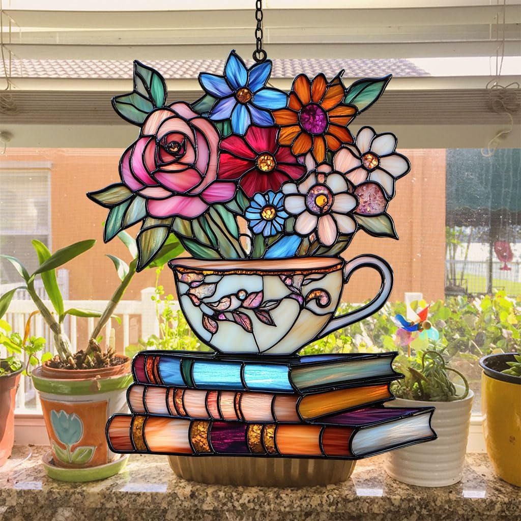 Flowers Books and Tea Acrylic Suncatcher Stained Glass Effect Window Car Hanging Christmas Ornament Indoor Outdoor Decor Garden Sun Catcher Panel for Book Lover for Women Mom Grandma