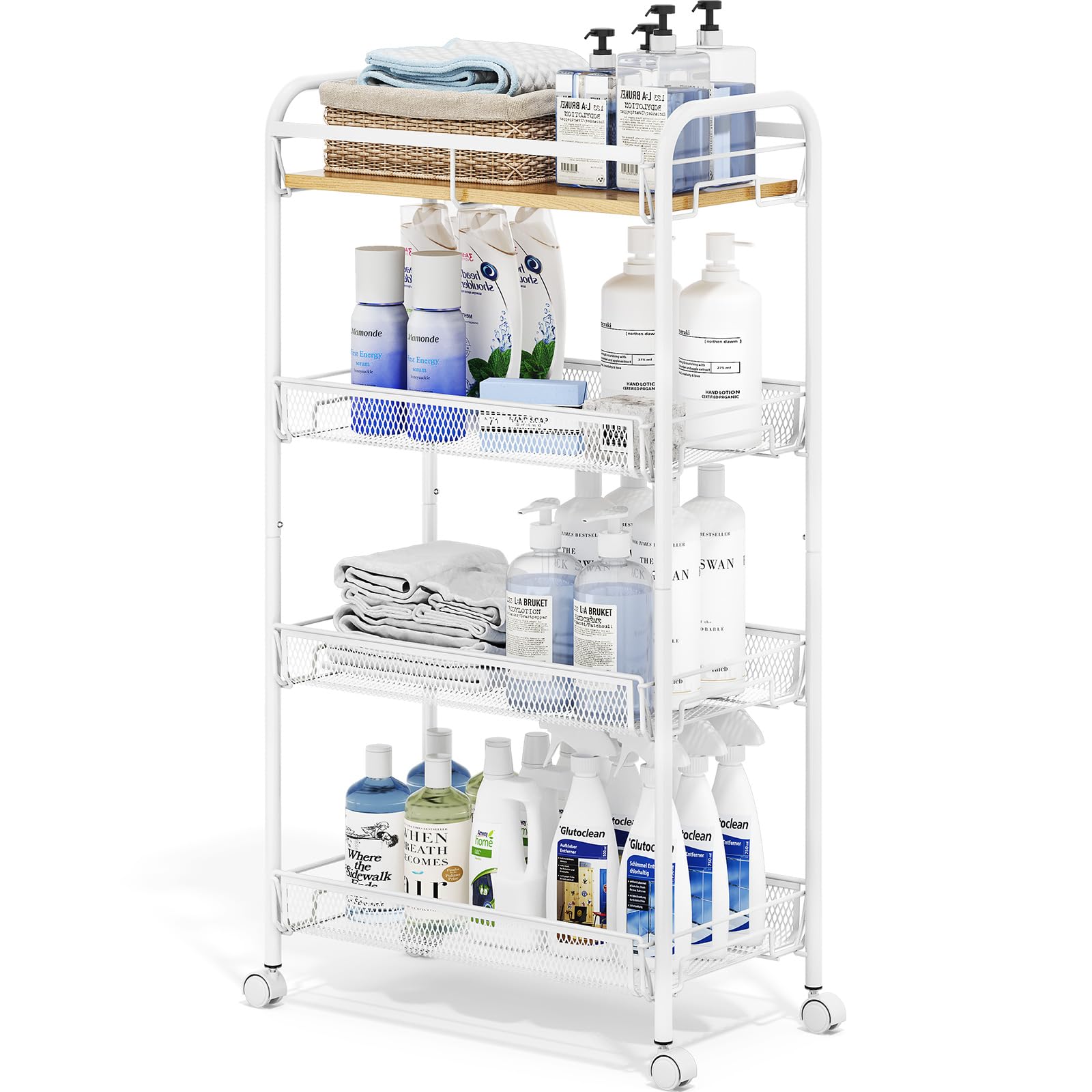 KINGRACK 4-Tier Narrow Kitchen Trolley with Wheels, Wooden Top  Sliding Baskets, Metal Rolling Cart for Tight Spaces in Kitchen, Bathroom, Dorm  Bedroom, Black