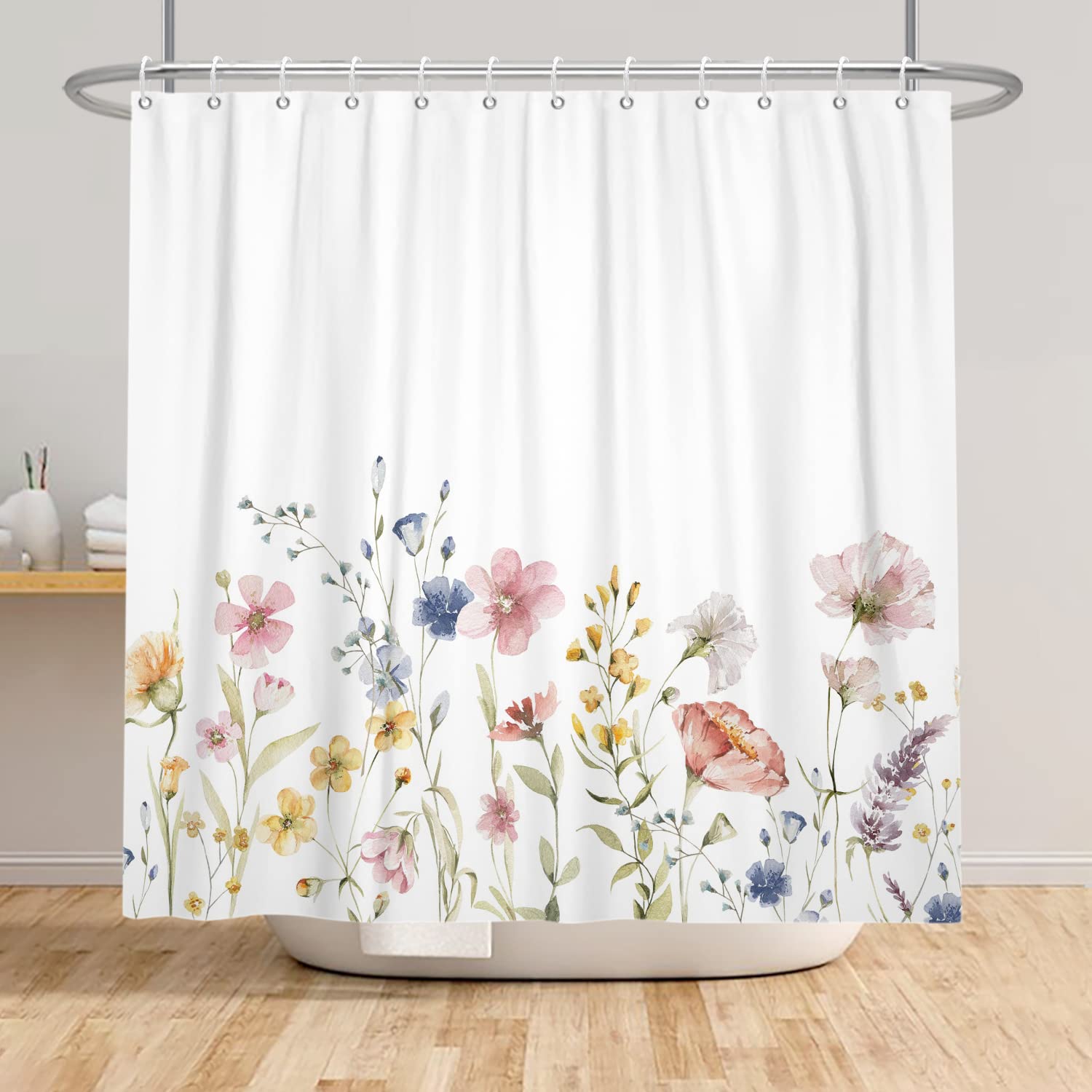 Blumen-Duschvorhang Aus Wasserdichtem Polyester, Modern Mit Aquarell-Muster, 183x183 Cm, Inkl. 12 Haken – Fürs Bad