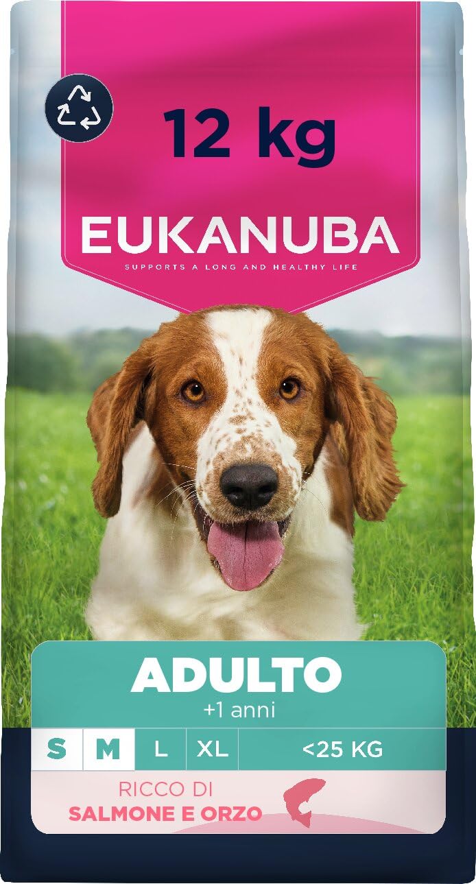 EUKANUBA Cibo secco per Cani con salmone e orzo per razze di taglia piccola e media - Alimento secco premium per Cani adulti, 12 kg
