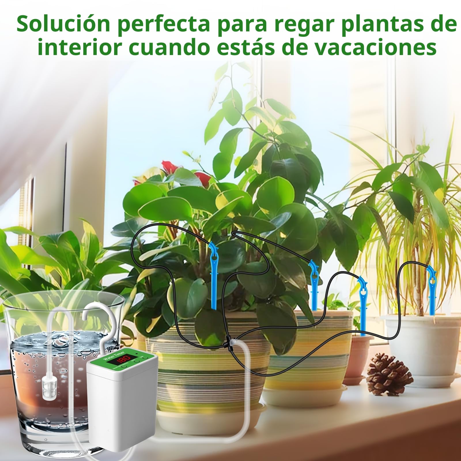 Sistema de riego automático, Actualizado 12 kits de riego por goteo para plantas de interior, pantalla LED y dispositivos de riego recargables USB para plantas en macetas