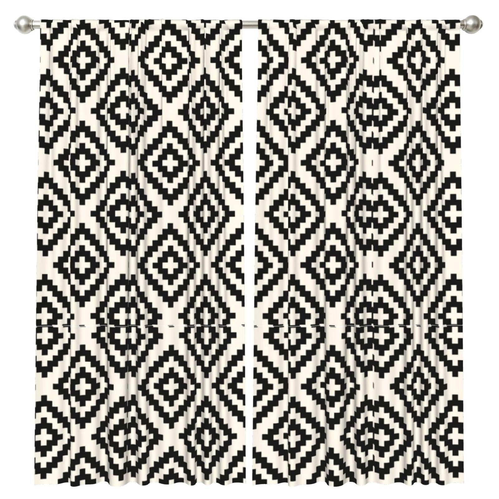 InOmak Geometric Pattern Black And Cream, 2 Panels Window Curtains 52 x 84 Inch Blackout Curtains for Living Room Bedroom