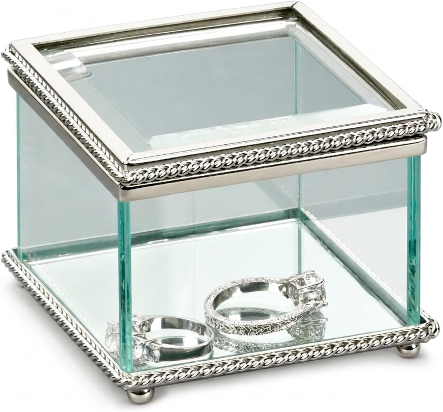 Creative Gifts International Lead-Free Glass Hinged Jewelry Box | Mirrored Base with Nickel Plated Trim | 3.25" x 3.25" Keepsake Box | Elegant Gift Ready Storage