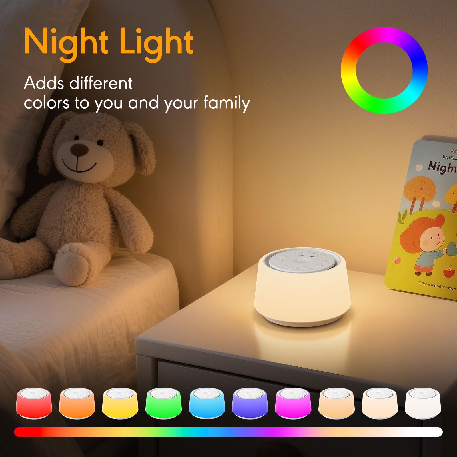 Macchina per il rumore bianco con luce notturna, 30 suoni lenitivi portatile per neonati e adulti, luce notturna a 10 colori, 5 opzioni di timer, funzione di memoria, compatta per viaggi