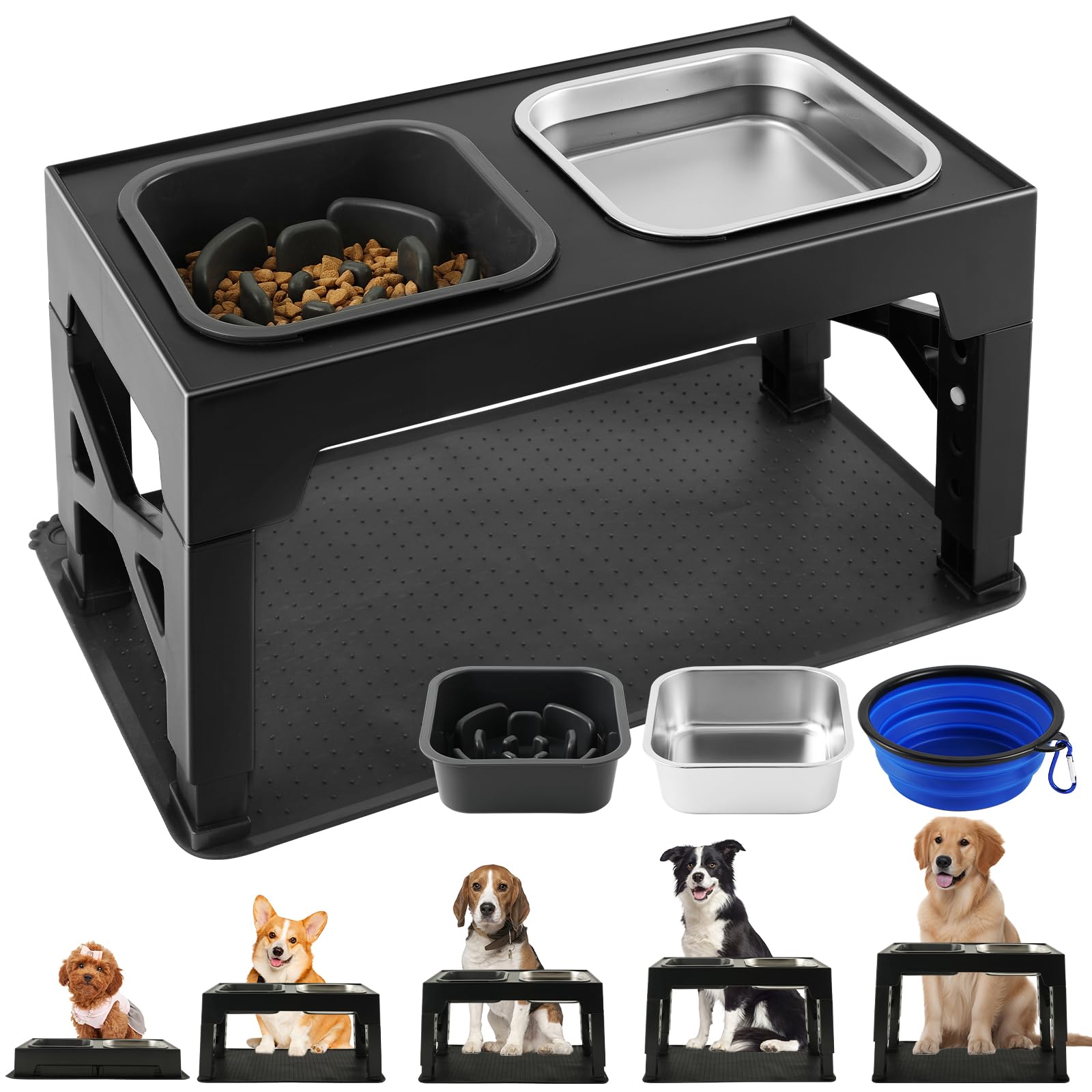 Ciotole per cani Rialzate Regolabili - Acciaio Inossidabile 1400ml + Antingozzo 1100ml + Viaggio + Tappetino - Base antiscivolo per cani di taglia media/grande