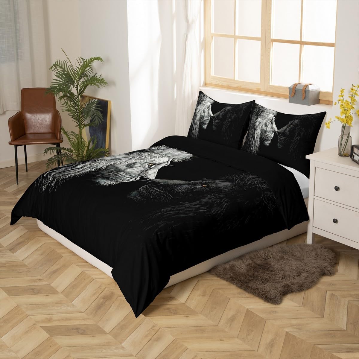 Castle Fairy Lion Bedding Set King, Wild Animal Print Duvet Cover for Bedroom Decorations, Lion Pattern Comforter Cover with 2 Pillow Shams, Soft Comfortable