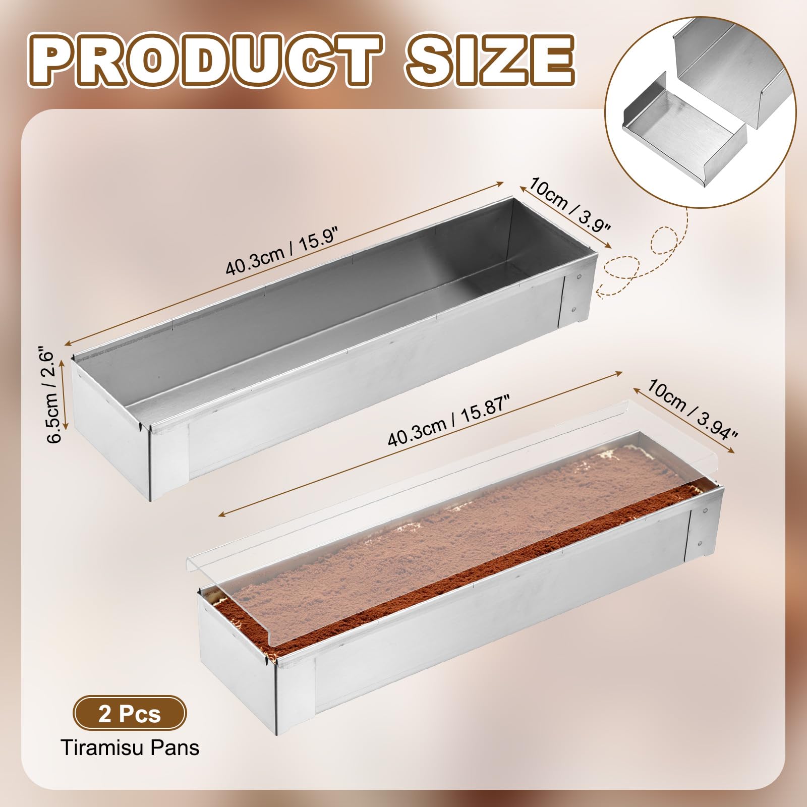 sourcing map Tiramisu-Pfanne, antihaftbeschichtet, rechteckig, Tiramisu-Kuchenform mit Acryl-Deckel, abnehmbarer Rahmen, Edelstahl, langes Backblech für Käsekuchen, Mousse, Lasagne, 2 Stück