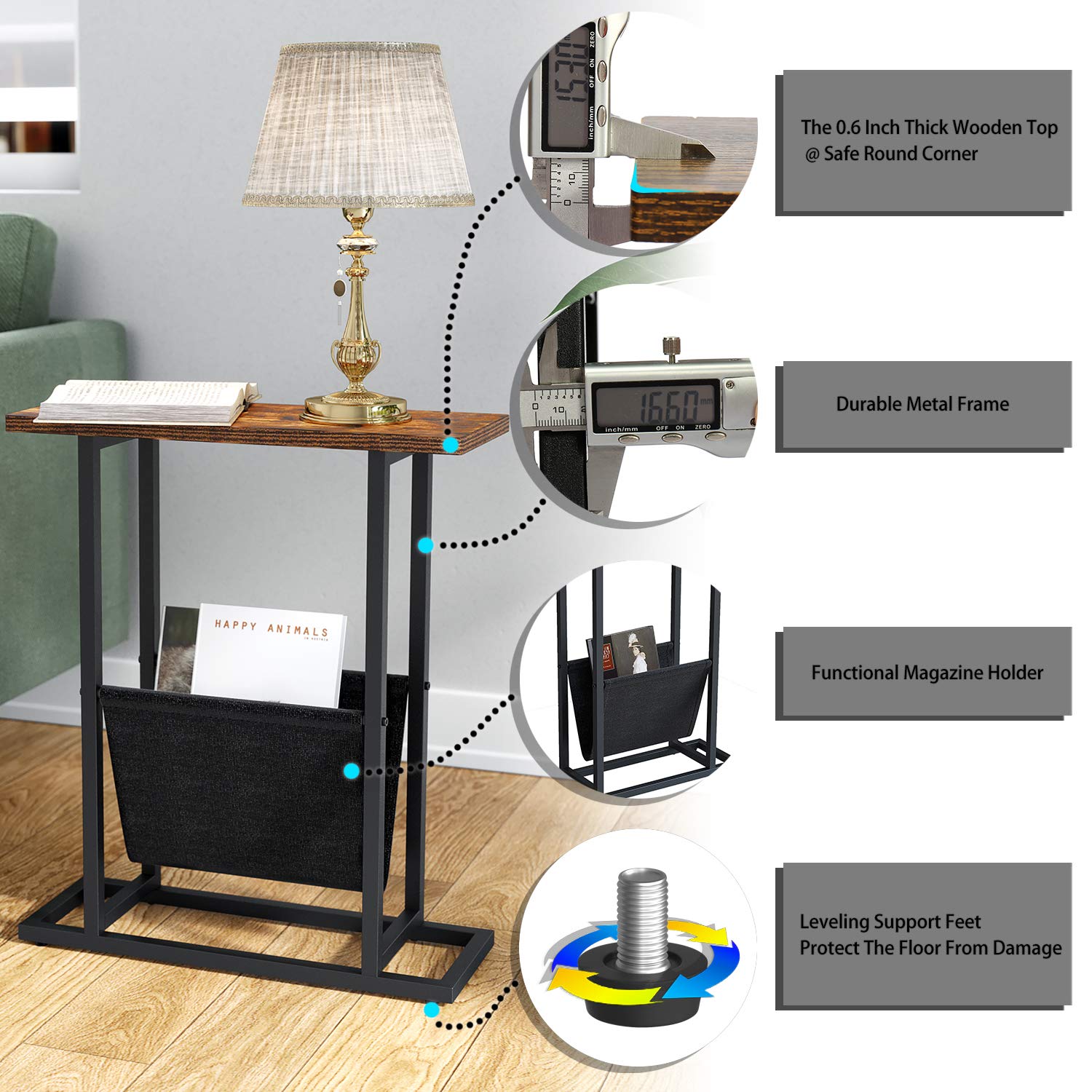 Yusong Small Narrow Side Table for Small Spaces, Slim End Table Magazine Table Nighstand with Storage Holder, Accent Skiny Snack Couch Beside Table, Rustic Brown