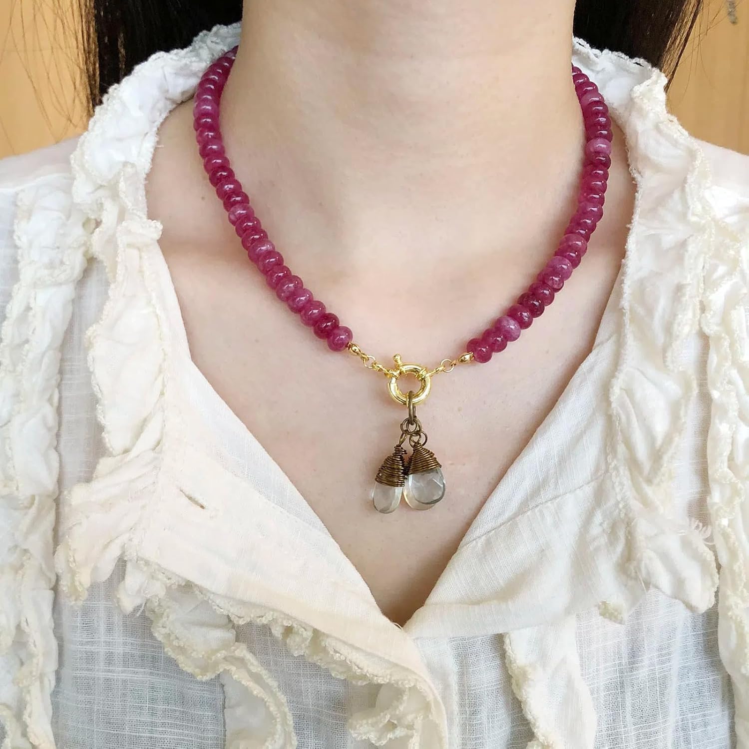 Beaded Gemstone Necklace for Women, Pure Color Boho Bead Choker Natural Stone Surfer Beach Rainbow Beads 18K Gold Plated DIY Handmade Jewelry Charm Trendy Birthday Gifts