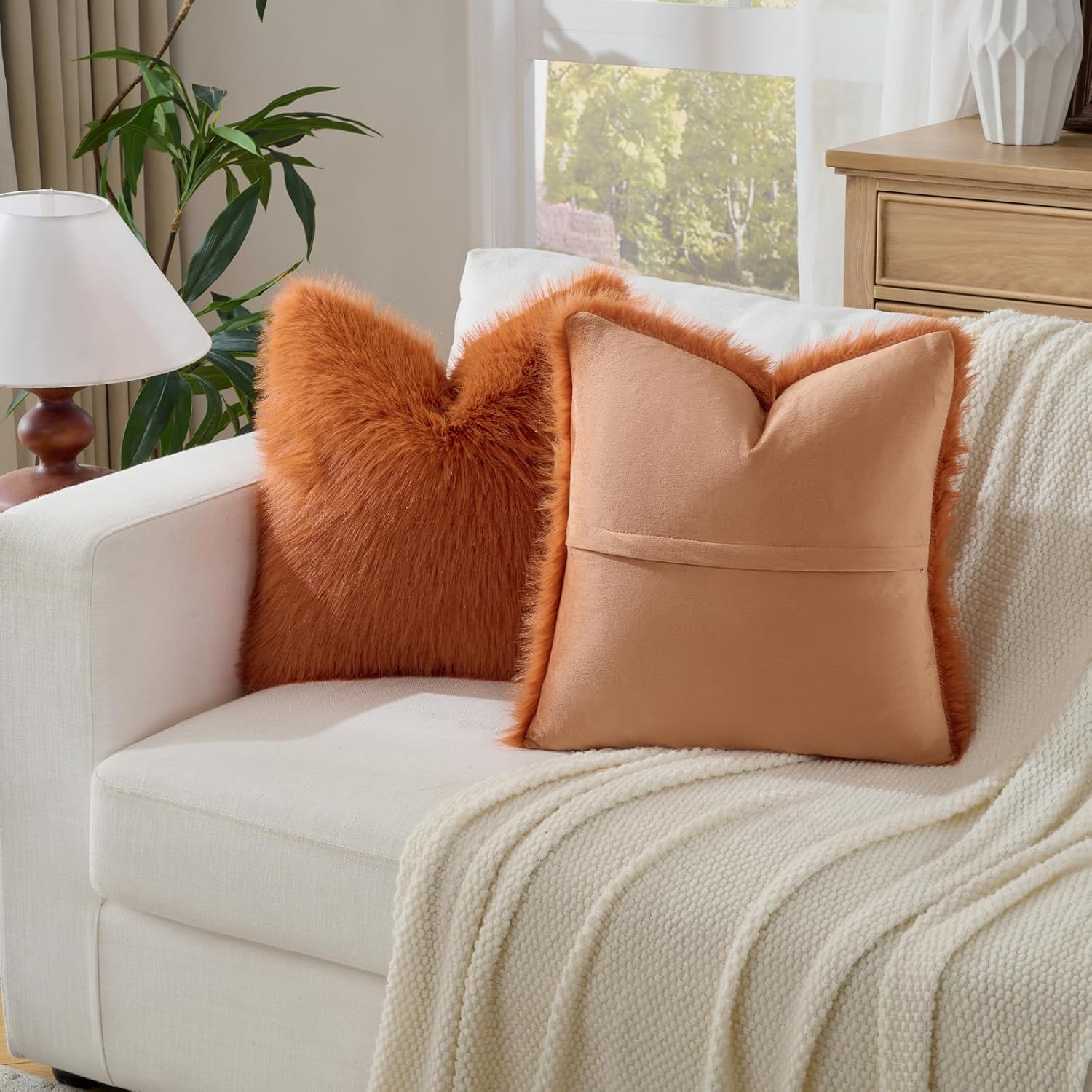 Set of 2 Decorative Throw Pillow Covers Luxury Fluffy Faux Fur Cozy Cushion Cover Pillowcase for Couch Sofa Bed Living Room Home Decor Burnt Orange-18 * 18inch