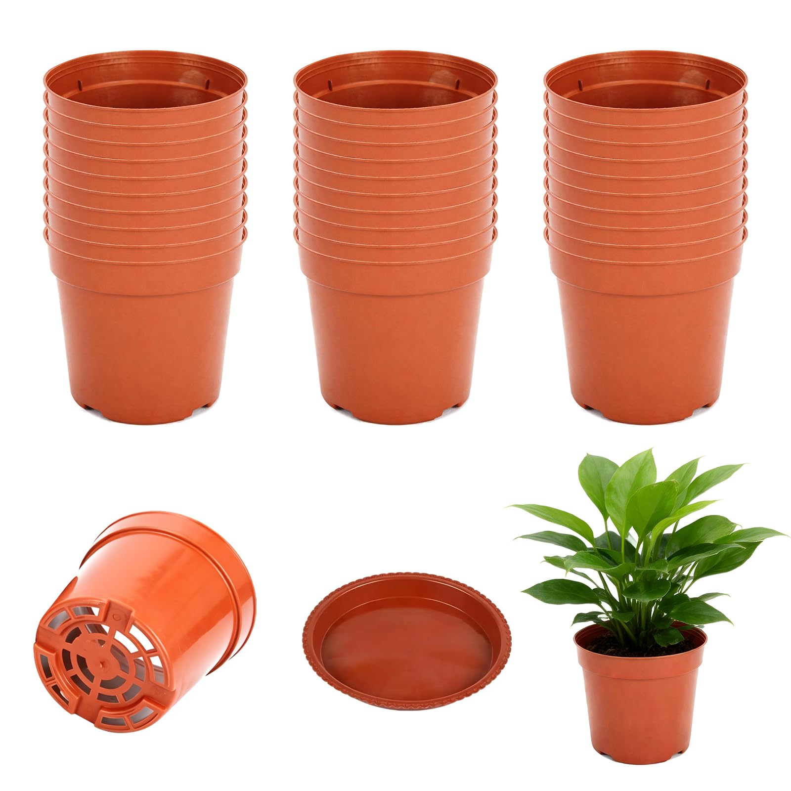 DYOUen 30 Pack 10cm Plastic Plant Pots with Saucers, Small Nursery Pots for Seedlings, Herbs, Succulents, Cuttings, Indoor Outdoor Gardening (Seedling Pots with Drainage Trays)