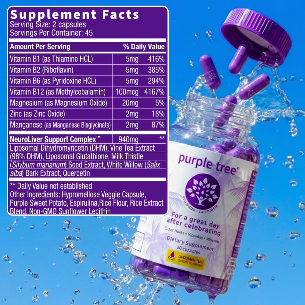 purple tree Post-Celebration Wellness Supplement for After-Drink Support | Hydration & Liver Health | Dihydromyricetin DHM, Milk Thistle, Electrolytes, Vitamin B, Willow Bark, Quercetin (180 Pills)