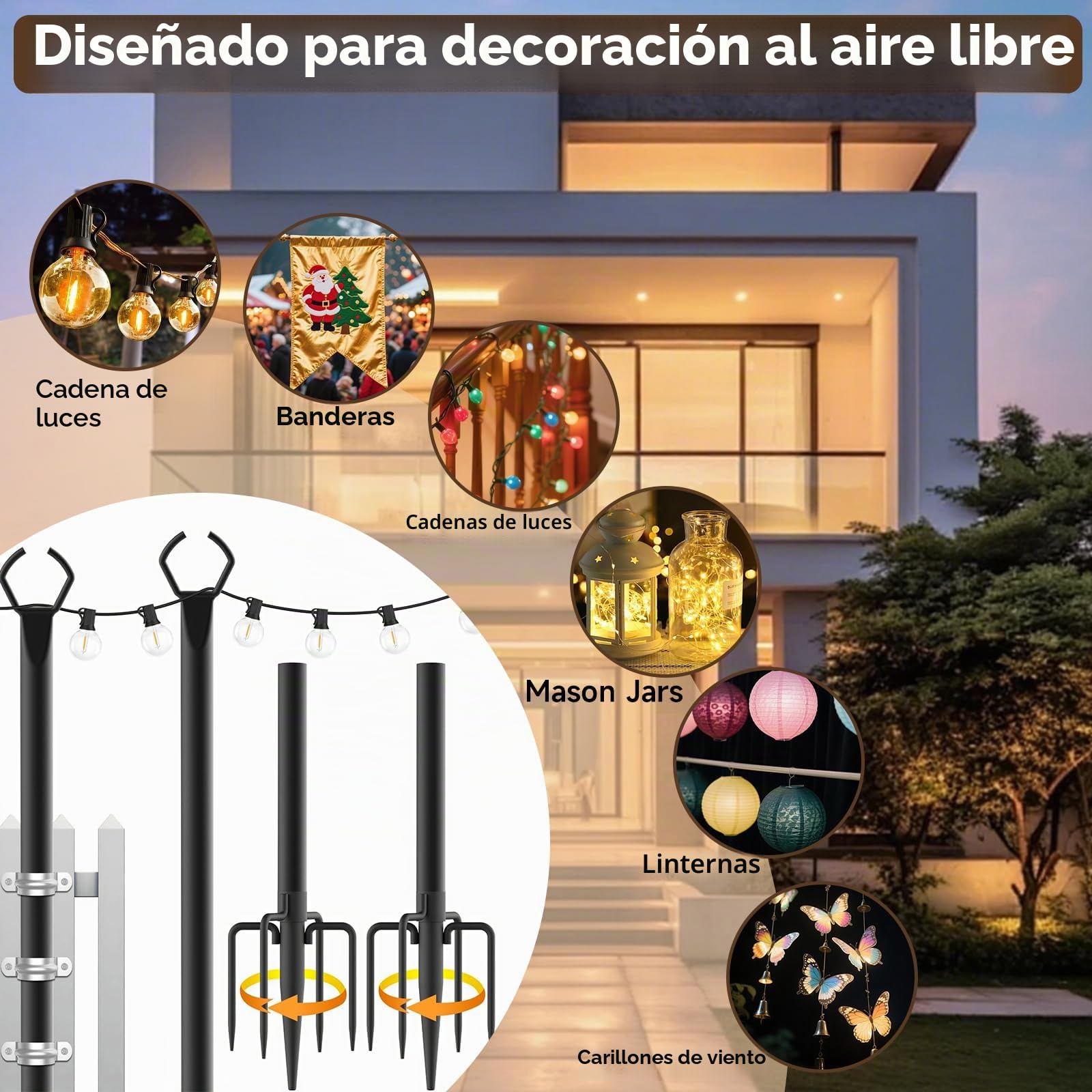 2 Piezas Postes de Luces de Cadena, Postes Metálicos de 3m para Luces de Cadena de Exterior, Soporte de Iluminación Resistente para Exteriores, Patios, Jardines, Fiestas y Decoración Navideña