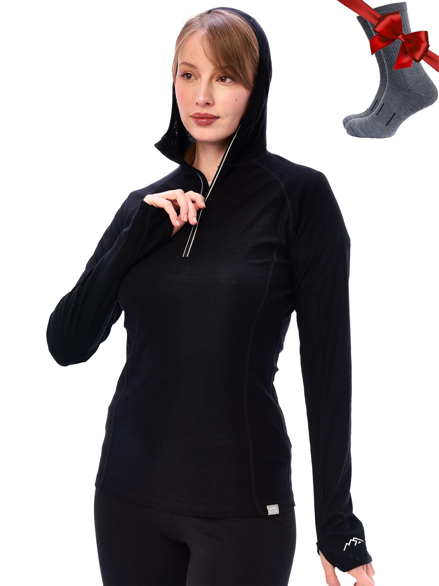 Merino.tech Merino Wool Hoodie Women - Slim Fit 100% Merino Wool Base Layer Women Half Zip Thermal Long Sleeve Shirt (Medium, 190 Black)
