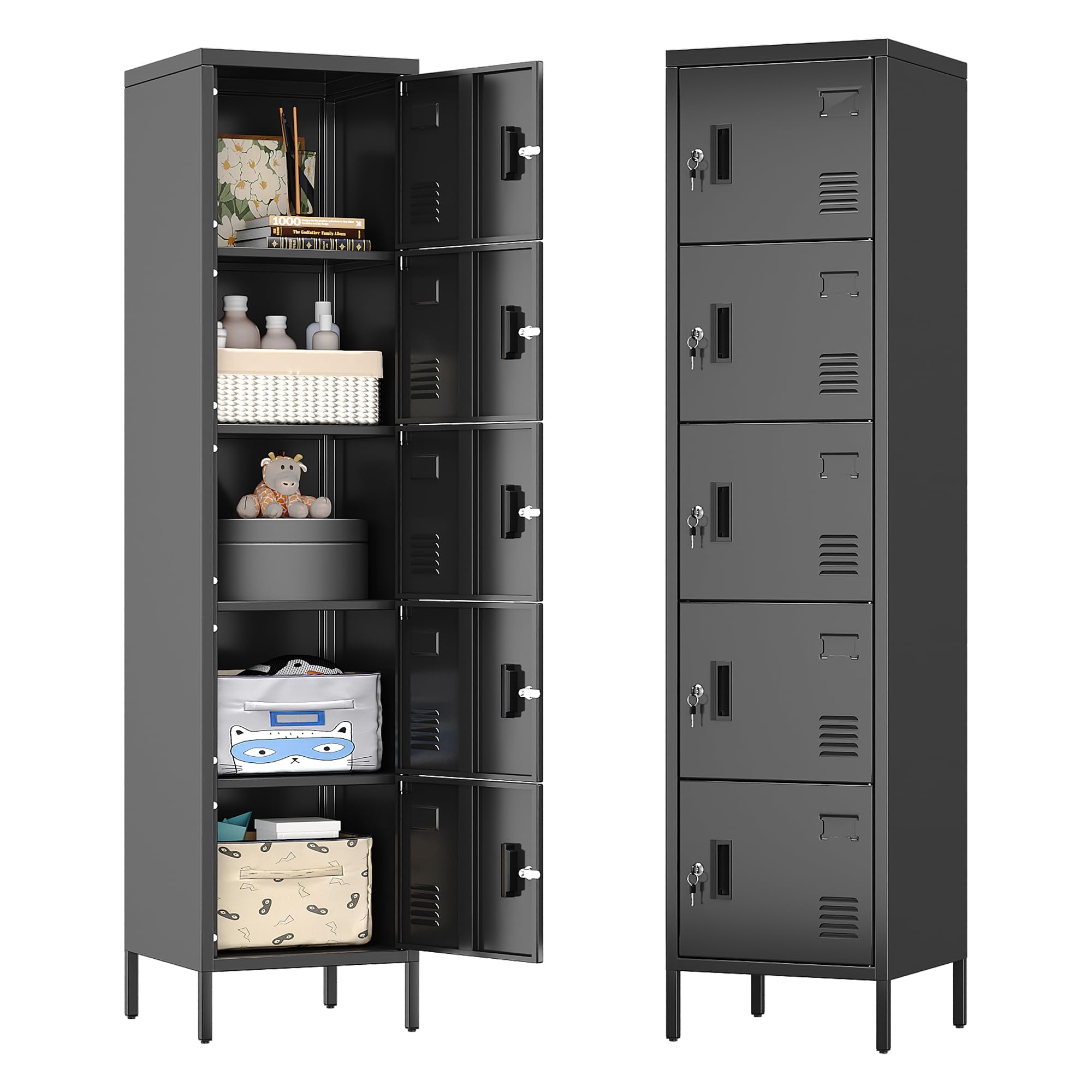 Metallschrank mit Lüftungslöchern, 5-türiger Metallschrank, mit Namensschildfach, Geeignet für Schule, Büro und Zuhause, Zum Selbstaufbau, 168 cm x 40 cm x 40 cm, Schwarz