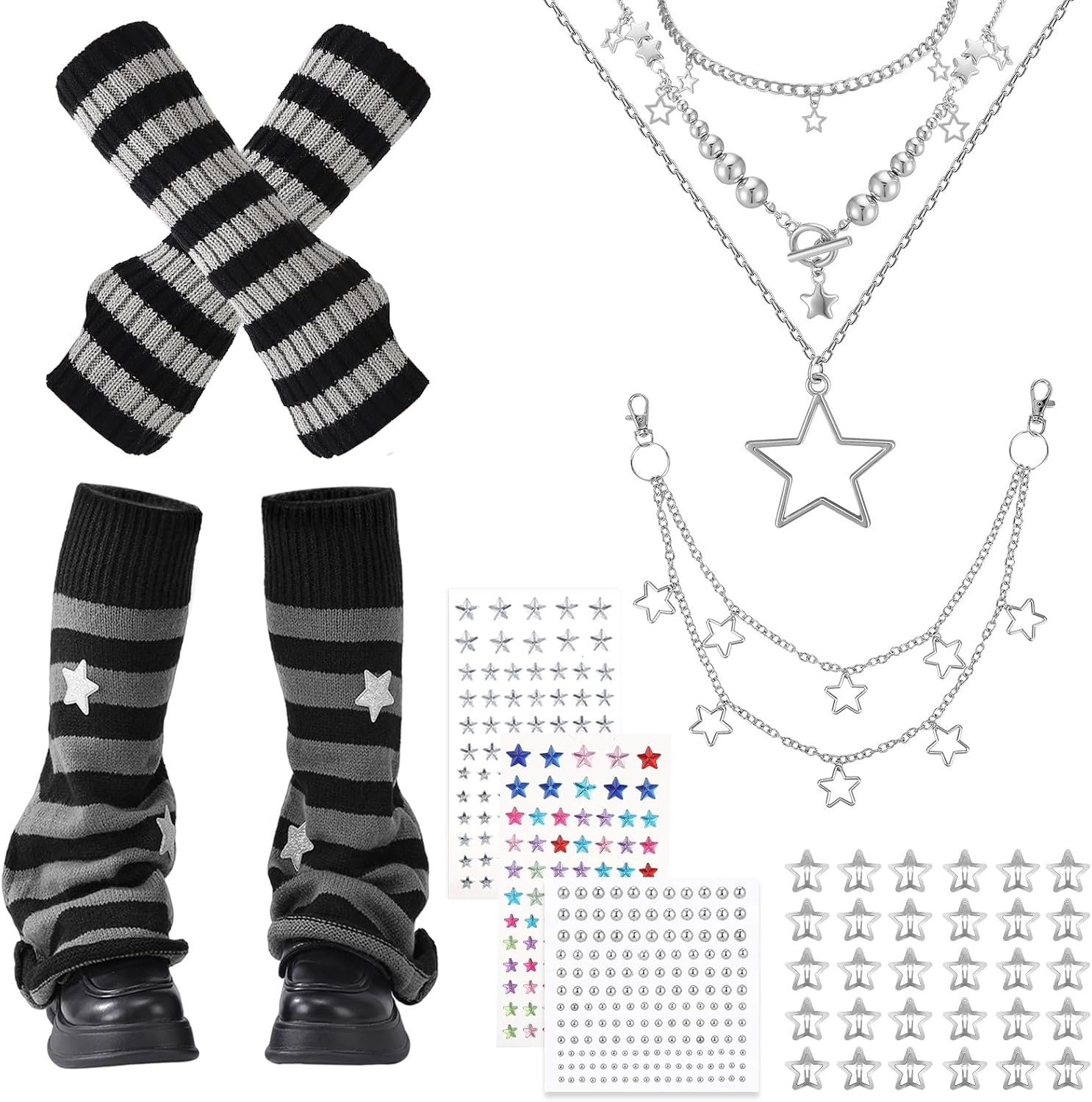 JATEBI Y2K Vintage Accessories Set, Silver Star Necklace Waist Chain
