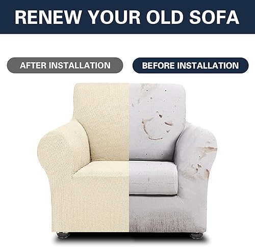 Miniatura 5 de Funda elástica para sofá de 1 plaza, funda protectora de muebles con parte inferior elástica de tela jacquard a cuadros pequeños para mascotas,