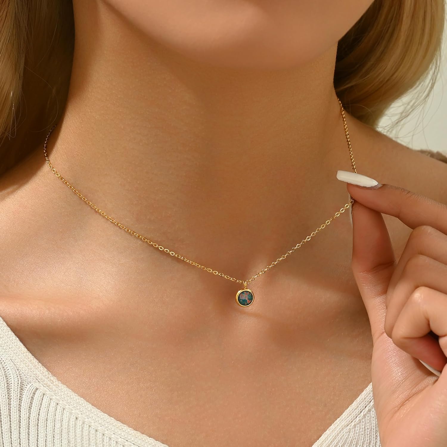 Opal Necklaces for Women Dainty 18K Gold Plated Created Opal Pendant Necklace Simple Round Opal Jewelry Gift - Image 3