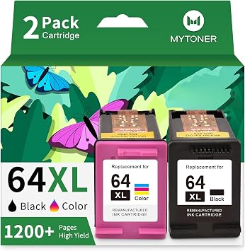 MYTONER 64XL Ink Cartridge Black and Color Combo Pack High-Yield Replacement for HP Ink 64 HP 64 Ink Work with Envy Photo 7855 7858 7100 7155 7120 6252 7800 7158 Tango X Printer Ink 64XL 2 Pack