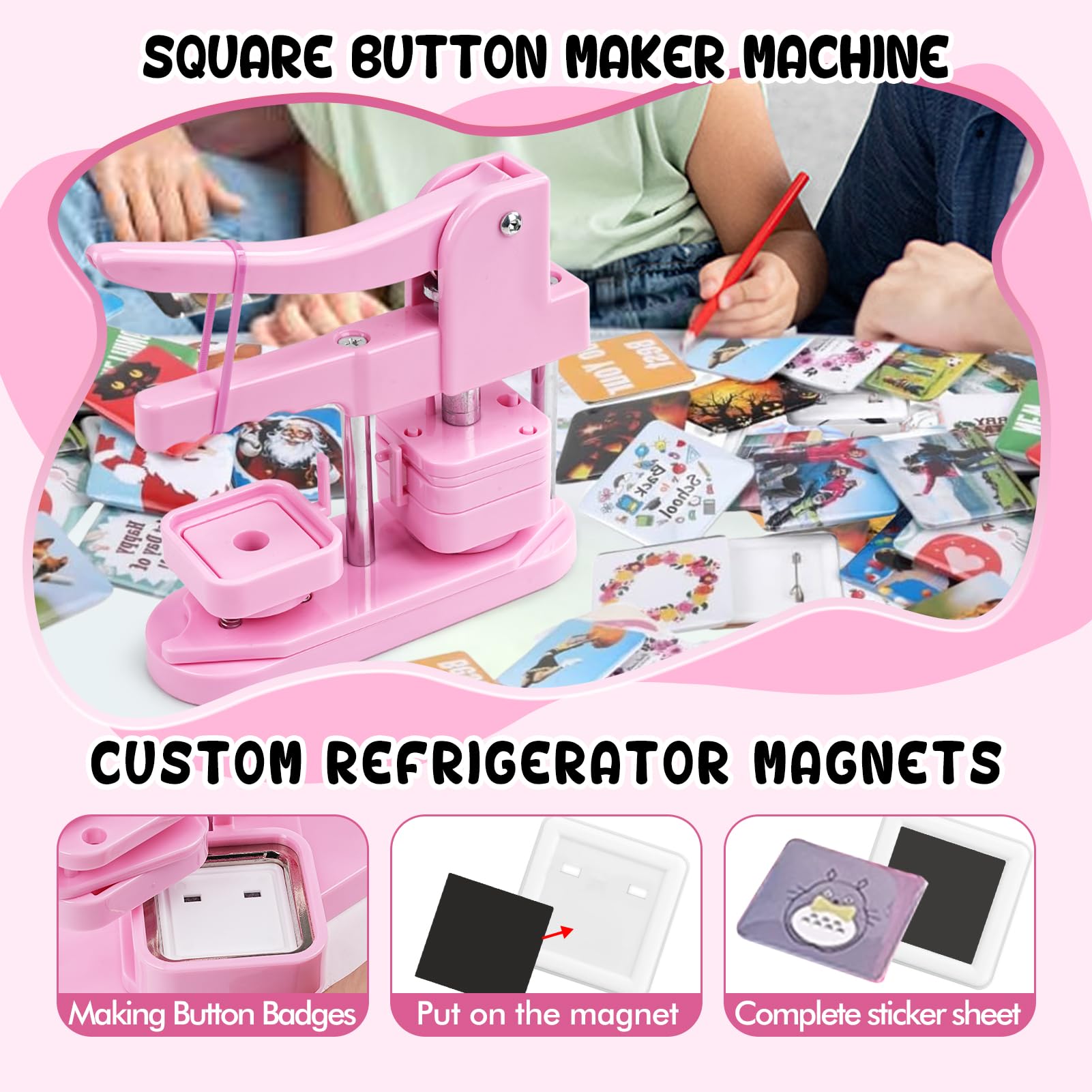 50mm Quadratische Buttonmaschine, Magnet Button Maschine mit 100 Magnetzubehör, Bastelset zur Herstellung von Kühlschrank-Magneten für Schule, Partys und Veranstaltungen (Modell 1)