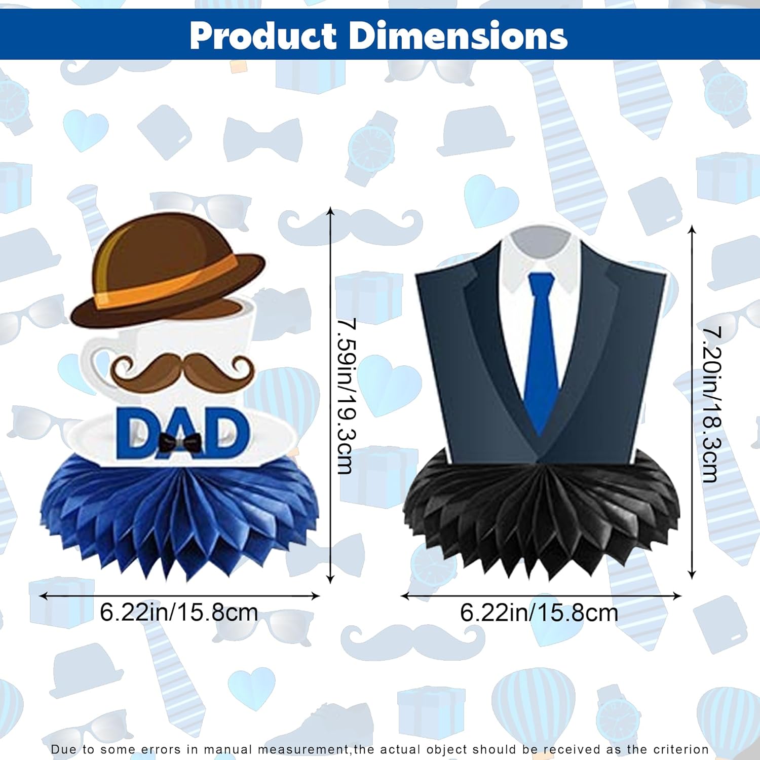 Father's Day Decorations Honeycomb Centerpiece, 9 Pcs Double Sided Printing Fathers Day Table Decorations Blue Best Dad Table Centerpiece for Happy Fathers Day Party Supplies Table Decor