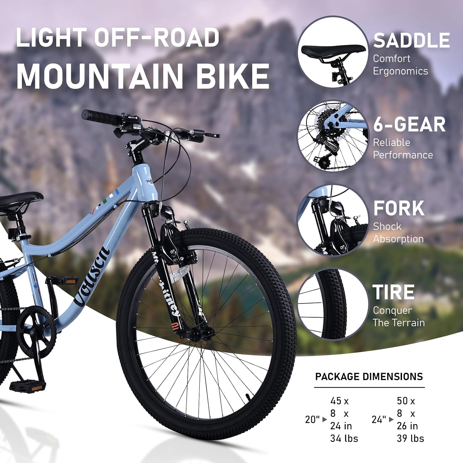 vollsch 20 24 Inch Kids Mountain Bike for 6-15 Years Old Boys Girls Teens 6-Speed Child MTB Bicycle with Front Suspension Fork, Dual V-Brakes, Multiple Colors
